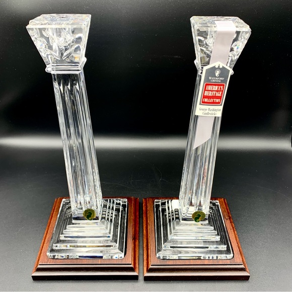 Waterford Crystal George Washington Candlestick Holders 11.75” Wood Base HTF NIB - Picture 7 of 15